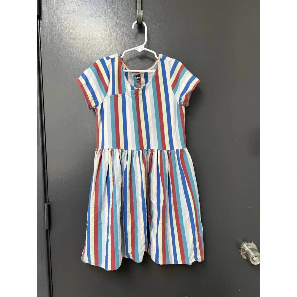 Tea Collection Girls Short Sleeve Wrap Neck Dress Regatta Blue Stripes Size 10